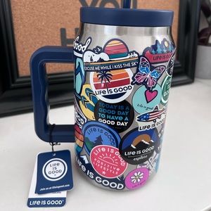 Life Is Good Sticker Collage Stainless Steel Cup with Lid NEW
